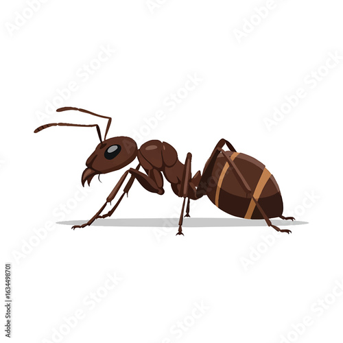 A brown ant illustration, showcasing its segmented body and detailed features, standing on a white background.