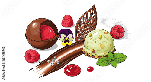 Artistic dessert presentation featuring a chocolate sphere, pistachio ice cream and fresh raspberries
