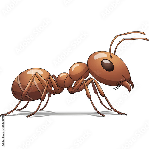 Cartoon illustration of a brown ant with detailed anatomy, standing on a white background.