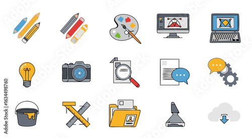 Collection of vector icons representing design, creativity, and technical workflow for graphic design and development conceptualization