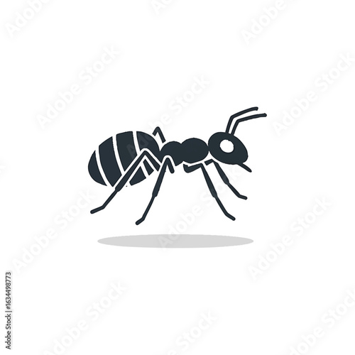 A stylized, dark silhouette of a single ant with segmented body and antennae, depicted in profile against a clean white background, casting a subtle shadow.