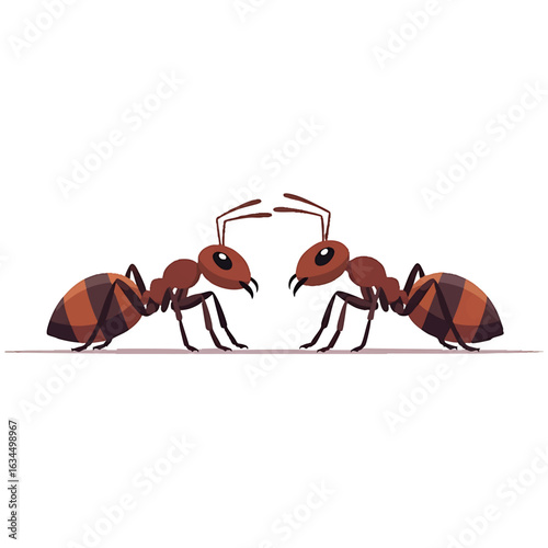Two brown and black striped ants facing each other with antennae touching, isolated on a white background.