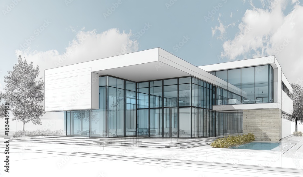 Obraz premium Architectural sketch of a modern building