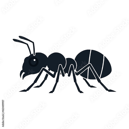 A stylized black ant illustration, shown in profile, with detailed legs, antennae, and body segments against a white background.