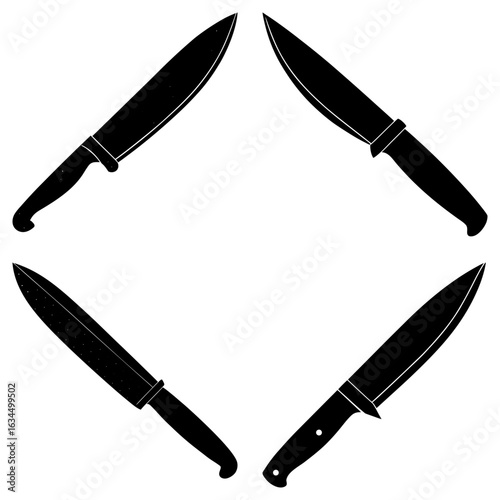 Arrangement of four black silhouette knives forming a diamond shape on a white background design element