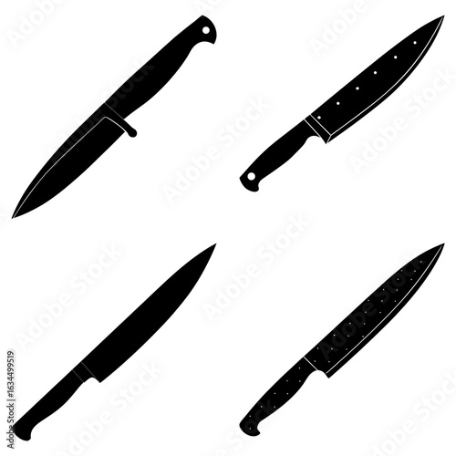 Four black and white knife illustrations with different blade and handle shapes on a white background