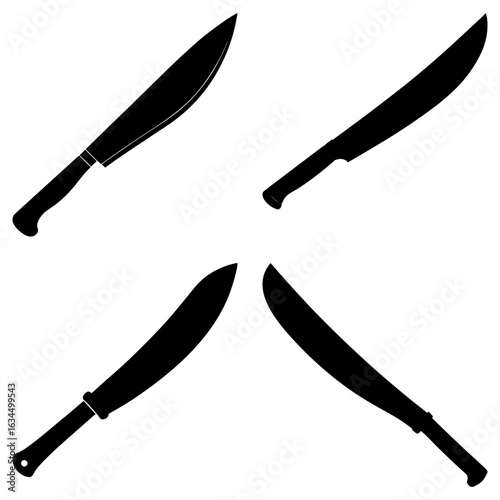 Four machetes arranged symmetrically with blades pointing towards the center in a black and white image