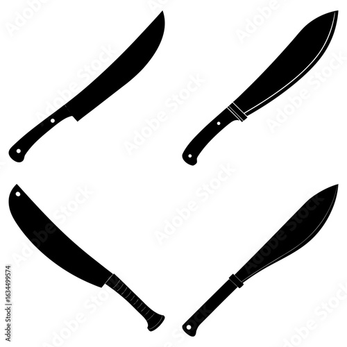 Four machetes with different blade and handle designs arranged diagonally on a white background image