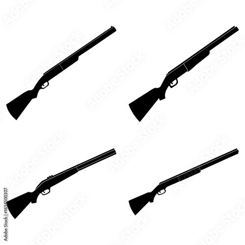 Four black silhouette illustrations of pump action shotguns arranged on a white background at different angles