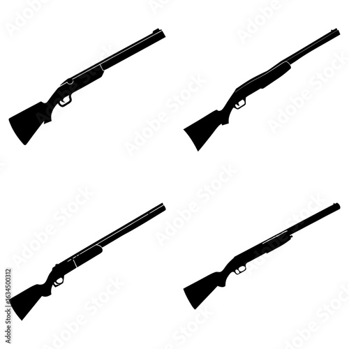Four black silhouette illustrations of shotguns with long barrels and stocks on a white background