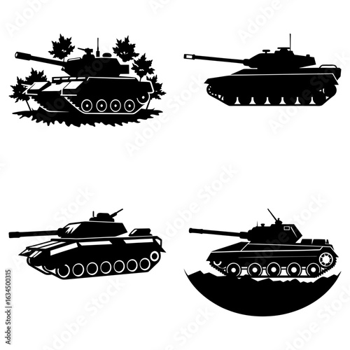 Four black tank silhouettes in various positions and settings on a white background in a vector image