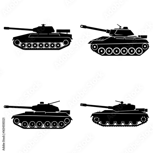 Four black tank silhouettes with long barrels arranged in a square formation on a white background