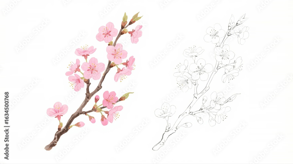 Naklejka premium A stunning watercolor and ink drawing of a beautiful cherry blossom branch with blooming pink flowers, symbolizing spring and new beginnings.