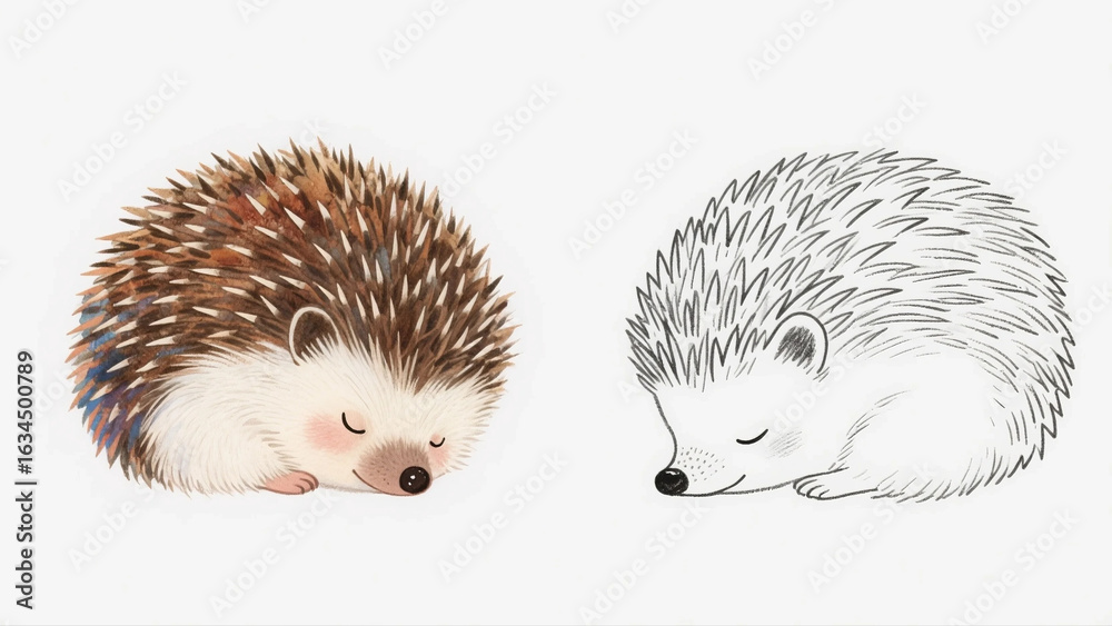 Obraz premium An adorable watercolor illustration of a sleeping hedgehog with closed eyes, showcasing its cute and spiky fur. A peaceful and detailed line art version is also included for coloring activities.