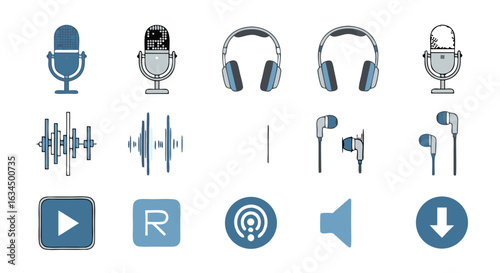 Audio recording and playback flat vector icons collection showcasing microphones, headphones, sound waves, play button, and download button