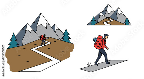 Illustrative portrayal of backpacking adventures, showcasing a stylized outdoor exploration theme with mountain trails and minimalist design elements