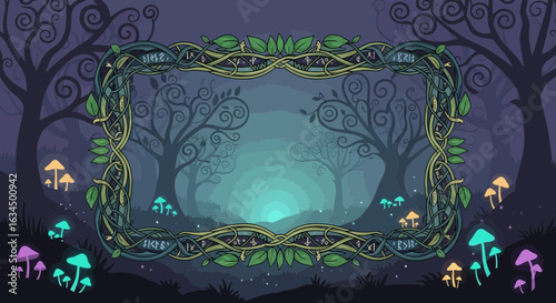 Enchanted Forest Frame: A Mystical Scene with Glowing Mushrooms and Runic Borders