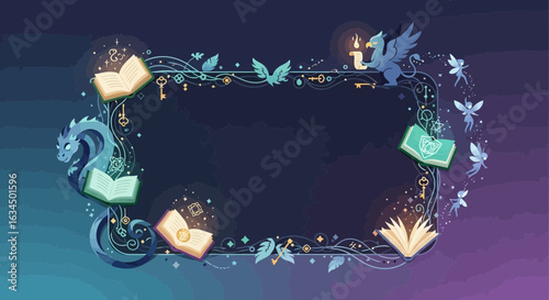 Enchanting Magical Frame Border Illustration with Dragon Griffin Fairies and Books