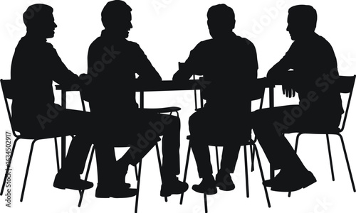 Silhouette of business meeting, office teamwork illustration, group discussion concept, corporate planning scene, professional collaboration at table, te