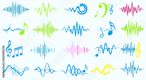Vibrant Collection of Colorful Music Waves and Notes Representing Sound Frequencies and Creative Musical Expression, ideal for audio, design
