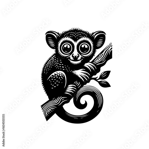 Adorable tarsier perched on a branch isolated on white background