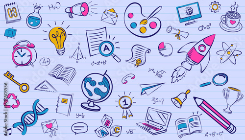 School education background pattern on lined notebook paper. Hand drawn doodle icons featuring science, art and stationery elements. Back to school vector illustration texture.