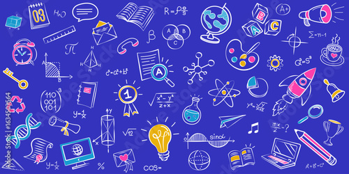 Seamless pattern of hand-drawn education and science doodles. A colorful knowledge and learning concept background for a website or presentation.