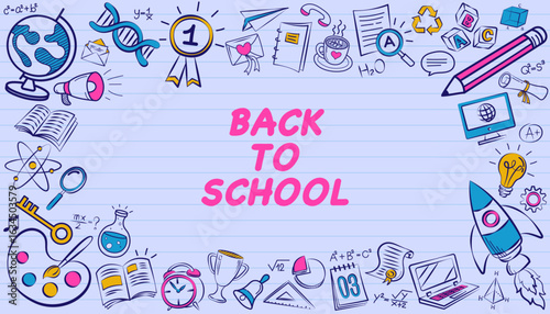 Back to School background frame with colorful education doodle icons on a lined paper texture. A modern template for a presentation slide or invitation card.