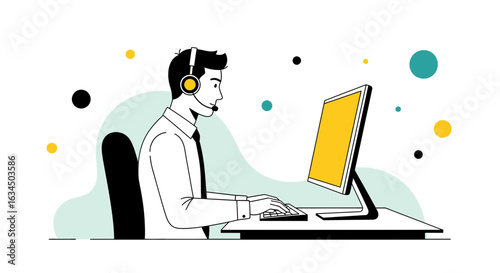 Illustration depicting a call center agent assisting clients via computer interaction