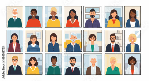 Diverse Team Virtual Meeting: Business Professionals Connecting Remotely Online Conference Vector Illustration