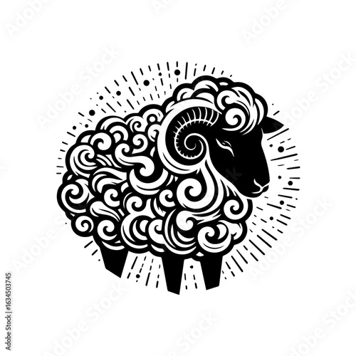 Illustration of a black sheep with curly wool isolated on white background