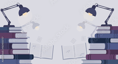 Illustration depicting a study setup with books, lamps, and open notebooks, perfect for education
