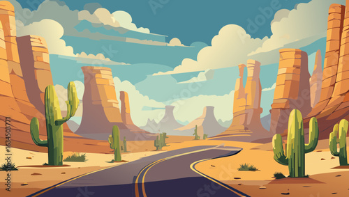 Cartoon vector Desert Landscape with Canyon and Road
