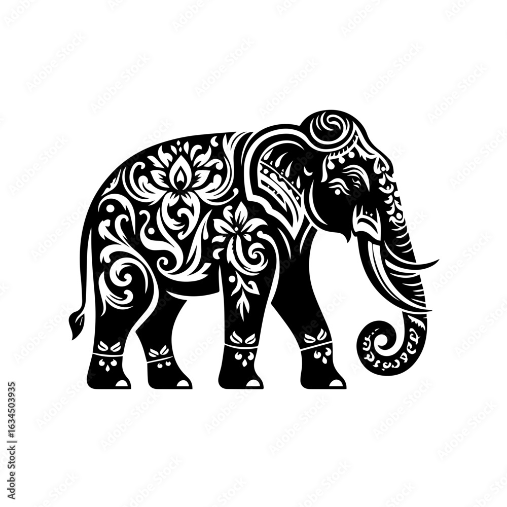 Fototapeta premium An elephant with decorative tribal patterns isolated on white background