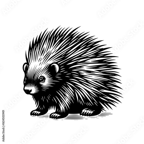 Detailed porcupine illustration with quills isolated on white background