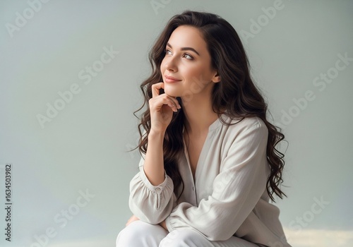 Thoughtful Young Woman Sitting and Looking Away in Bright Interior