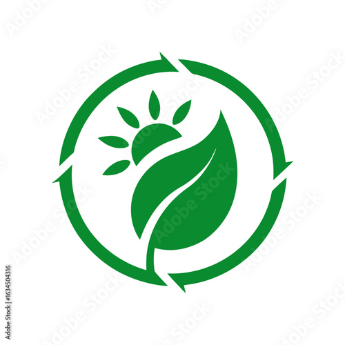 Green energy logo showing sun and leaf inside circle for clean energy company