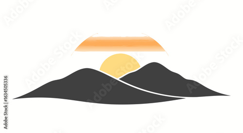 Minimalist mountain range with a radiant sunrise, creating a tranquil and serene atmosphere for nature enthusiasts in a stylized landscape