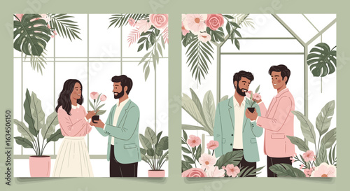Illustration of romantic couples exchanging potted plants in a greenhouse setting