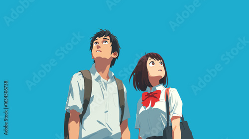 Anime-style young man and woman looking up and impressed. Flat design vector illustration