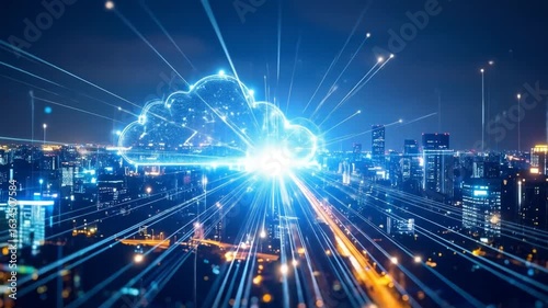 Wallpaper Mural Dynamic Cloud Computing Network Over Cityscape: Data Flow and Connectivity Torontodigital.ca