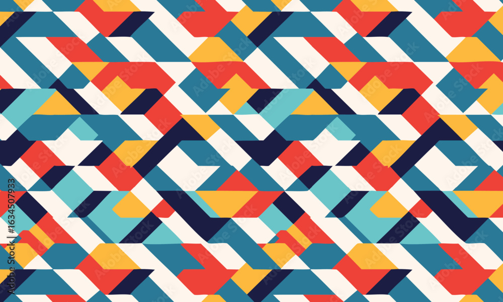 Abstract seamless pattern with colorful chaotic geometric shapes, Modern camouflage mosaic background