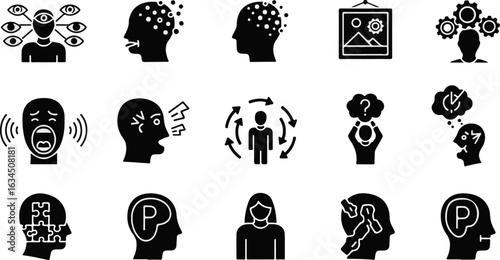 Vector art of set of icons illustrating psychological states and mental health challenges