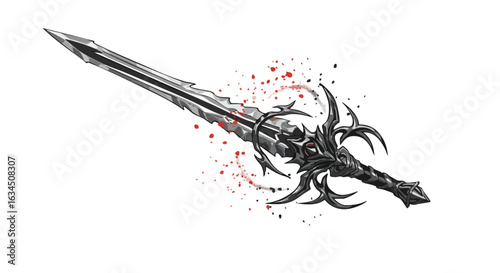 Vector Illustration of a Fantasy Sword with Dark Organic Elements in Modern Gothic Style with Blood Splatter Accents
