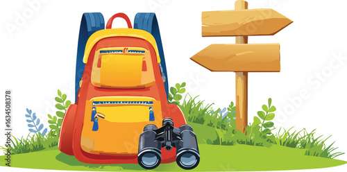 Adventure Backpack with Map, Binoculars, and Trail Sign for Field Trip