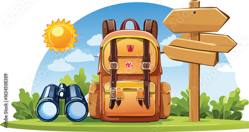 Adventure Backpack with Map, Binoculars, and Trail Sign for Field Trip