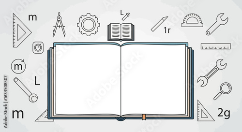 Open book surrounded by engineering tools representing technical education background