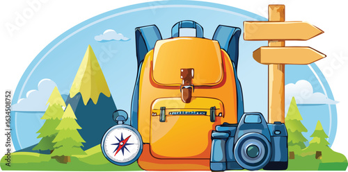 Adventure Backpack with Map, Binoculars, and Trail Sign for Field Trip