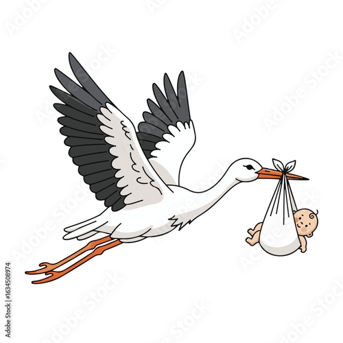 Adorable Stork Delivering A Baby Illustration