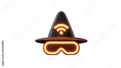 Glowing witch hat with wifi symbol and goggles Tech Halloween vector Icon for Digital Spooky Branding